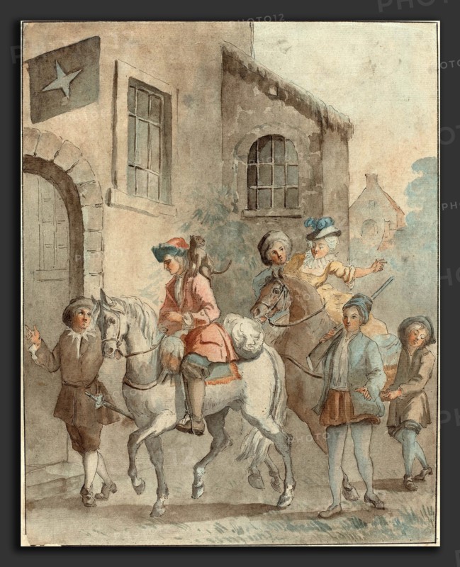 French 18th Century after Jean-Baptiste Oudry, Arrival at an Inn, 18th century, pen and brown ink with watercolor on light blue-green laid paper