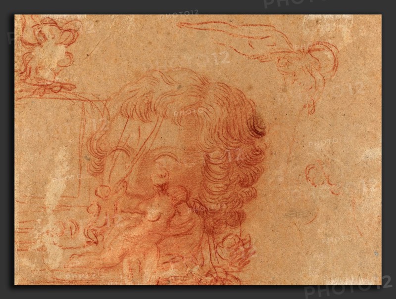 Antoine Watteau (French, 1684 - 1721), Figure Sketches and a Copy After a Sculpted Head, c. 1715-1716, red chalk on brown laid paper, the sculpted head likely not by Watteau