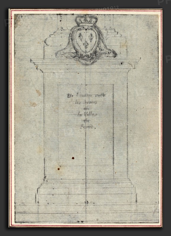 Hubert FranÃ§ois Gravelot (French, 1699 - 1773), A Plinth Surmounted by the Arms of the King of France, graphite, incised for transfer on laid paper