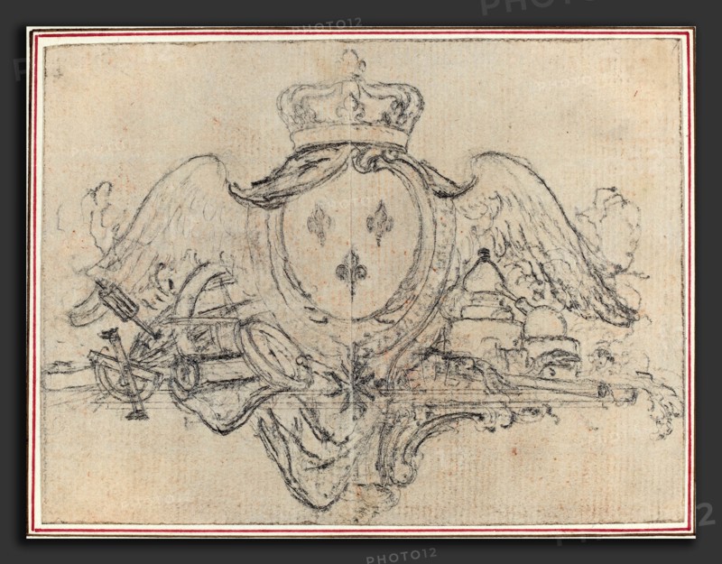 Hubert FranÃ§ois Gravelot (French, 1699 - 1773), Arms of the King of France with Wings and Scientific Instruments, graphite, incised for transfer on laid paper