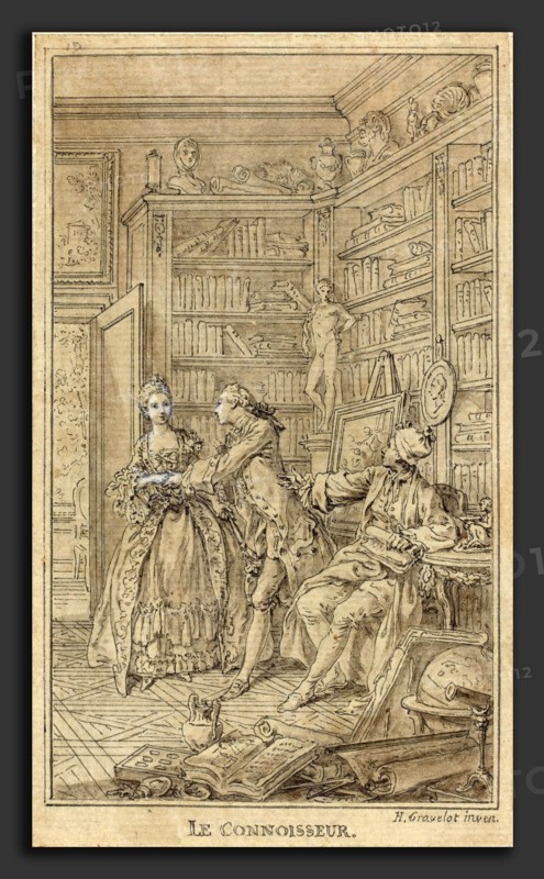 Hubert FranÃ§ois Gravelot (French, 1699 - 1773), Le Connoisseur, 1765, pen and black ink with gray wash and touches of white