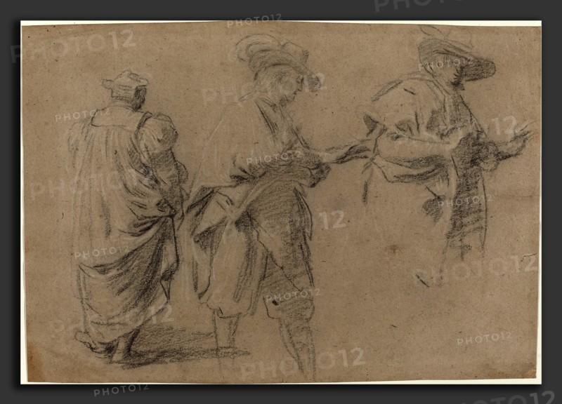Attributed to Eustache Le Sueur (French, 1617 - 1655), A Judge and Two Gentlemen Lawyers, black chalk heightened with white on tan laid paper