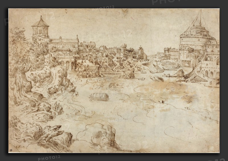 Attributed to Ãâtienne Dupérac (French, c. 1525 - 1601-1604), View of the Castle Sant'Angelo and the Ospedale di Santo Spirito [recto], c. 1552-1566, pen and brown ink on laid paper