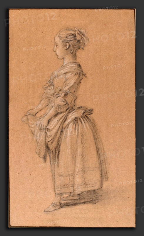 Jean-FranÃ§ois Clermont (French, 1717 - 1807), A Girl in Peasant Dress, c. 1750, black and white chalk on pink laid paper