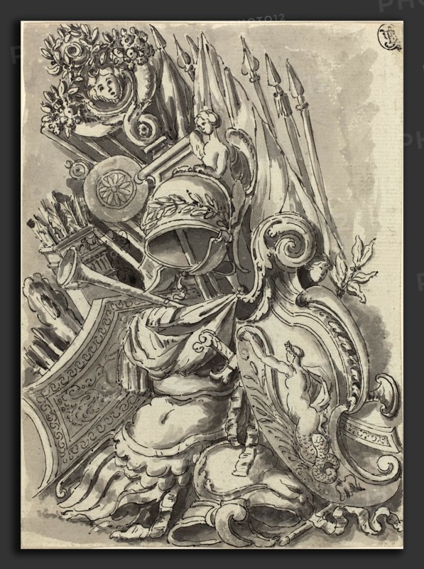 Jean Lepautre (French, 1618 - 1682), A Trophy of Arms, pen and black ink with gray wash on laid paper