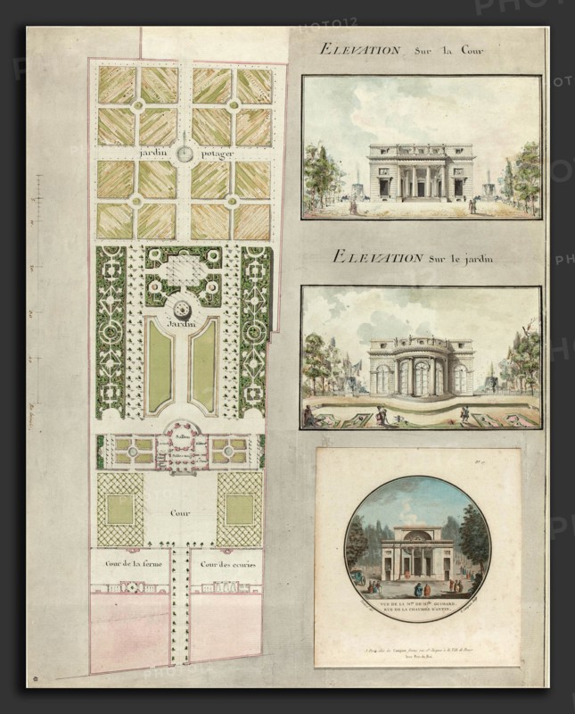Jean Testard and Charles-Philippe Campion de Tersan (French, born c. 1740), Project for the House and Gardens of Mlle. Guimard, c. 1768-1770, pen and black ink with gray wash and watercolor over graphite on laid paper, with a color etching by Le Campion attached