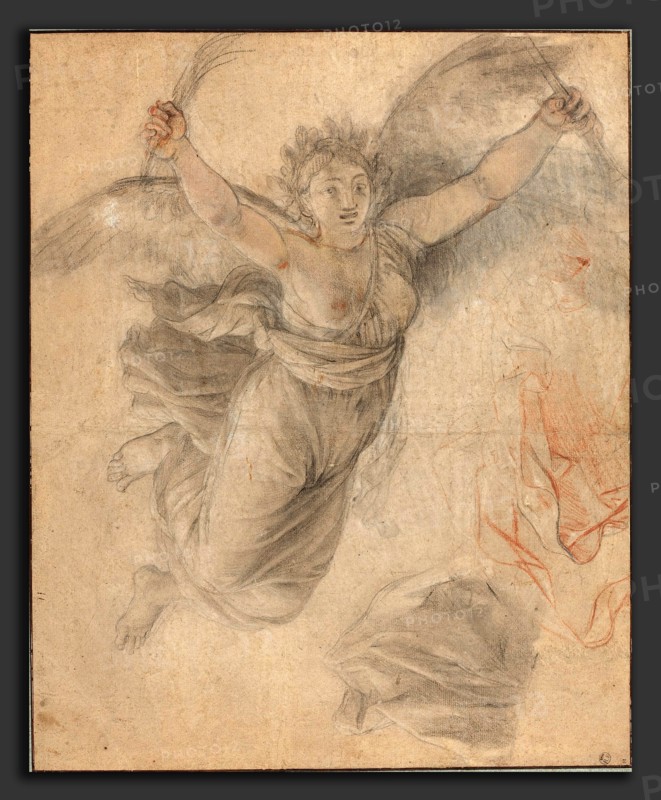 Follower of Charles Le Brun, An Allegorical Female Figure, black and red chalks, heightened with white, on tan laid paper