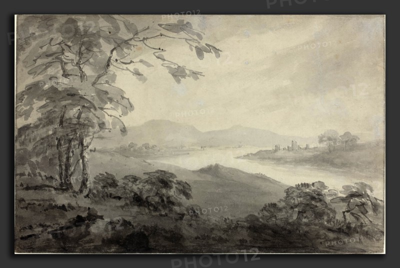 William Gilpin (British, 1724 - 1804), River Landscape with Ruins, 1770s, pen and black ink with gray wash over graphite on laid paper