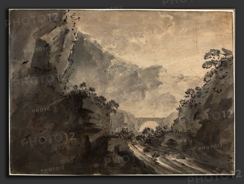 William Gilpin (British, 1724 - 1804), A Picturesque Landscape, brush and black ink with gray washes over graphite on light ocher prepared laid paper
