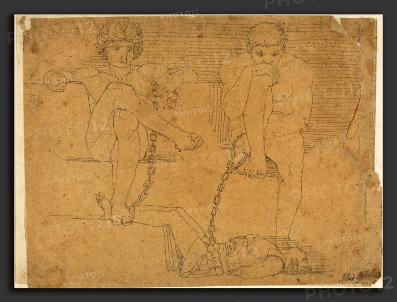 John Flaxman (British, 1755 - 1826), Otus and Ephialtes Holding Mars Captive, 1790s, graphite