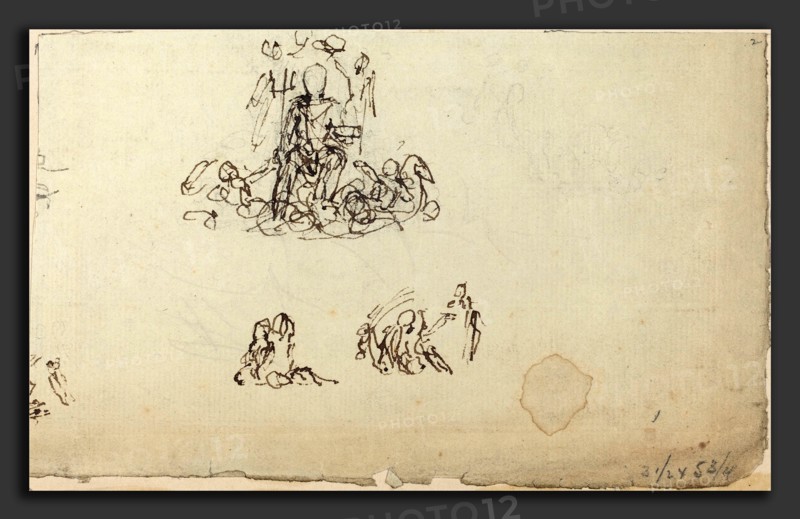 John Flaxman (British, 1755 - 1826), Study of Neptune and Sea Creatures (?), pen and brown ink over graphite on laid paper