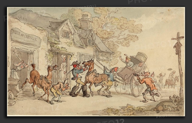 Thomas Rowlandson (British, 1756 - 1827), Changing Horses at a Post House in France, c. 1790, watercolor over black ink and graphite on wove paper