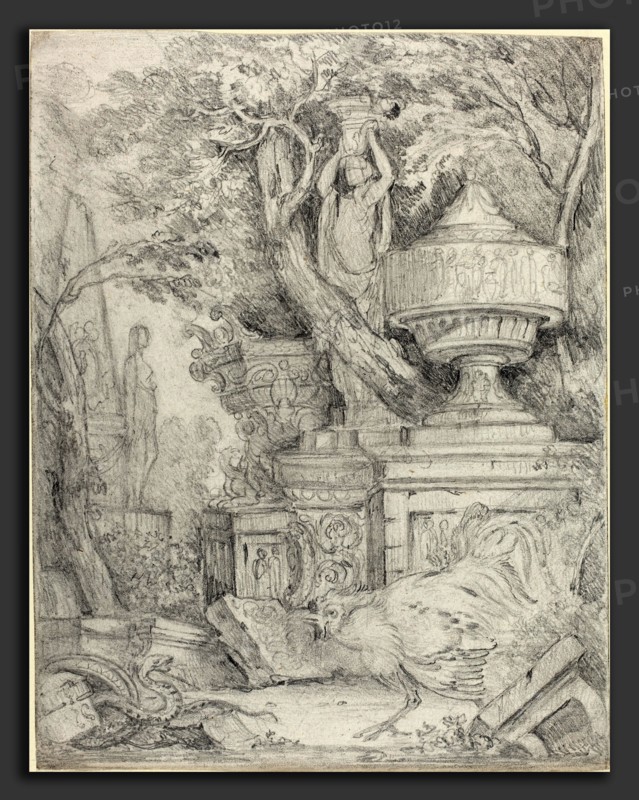 James 'Athenian' Stuart (British, 1713 - 1788), Ancient Sculptures with a Cock Fighting a Snake, graphite on laid paper