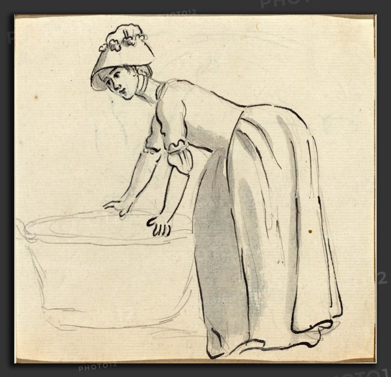 Paul Sandby (British, 1731 - 1809), Girl with a Bonnet at Work [recto], pen and black ink with gray wash over graphite on laid paper