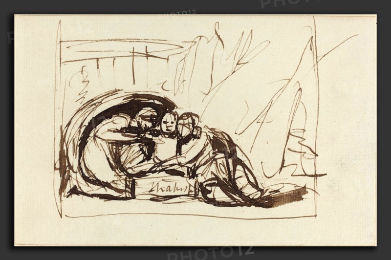 George Romney (British, 1734 - 1802), The Infant Shakespeare Nursed by Comedy and Tragedy, 1783, pen and brown ink on laid paper
