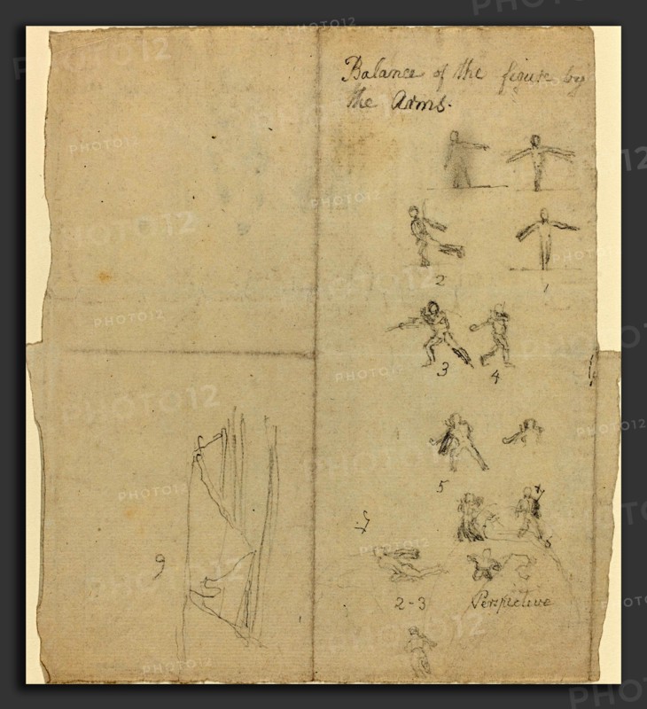 John Flaxman (British, 1755 - 1826), Figures Illustrating Balance and Perspective [recto], graphite