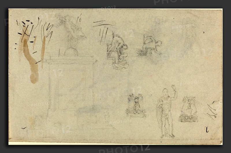 John Flaxman (British, 1755 - 1826), Sheet of Studies, graphite; compositionally unrelated ink and wash recto and verso