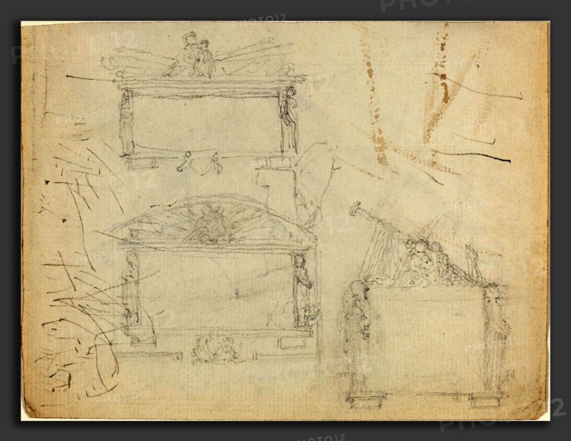 John Flaxman (British, 1755 - 1826), Designs for Monuments [recto and verso], graphite; compositionally unrelated ink and wash, recto and verso