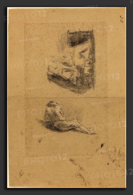 John Flaxman (British, 1755 - 1826), Reclining Man; Two Women, black chalk? heightened with white chalk; charcoal and graphite