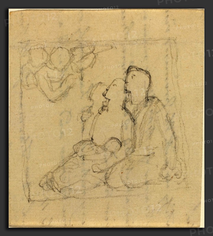 John Flaxman (British, 1755 - 1826), Holy Family with Angels (?), graphite on laid paper (back of a letter)