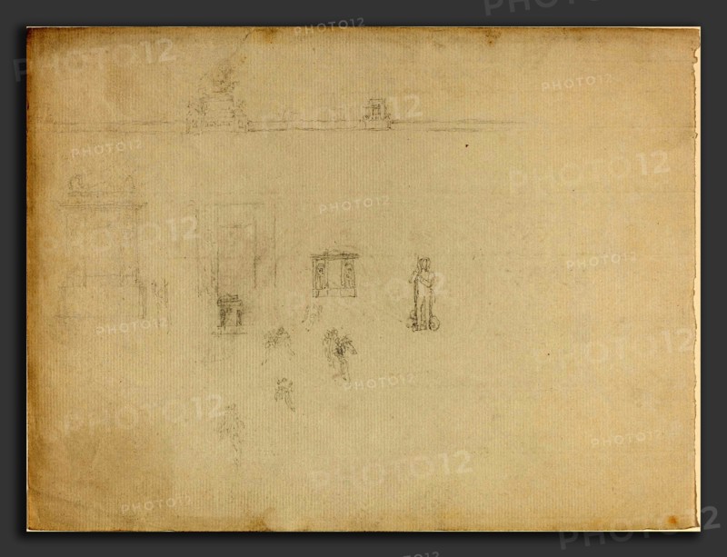 John Flaxman (British, 1755 - 1826), Sheet of Architectural and Figure Studies, graphite on laid paper