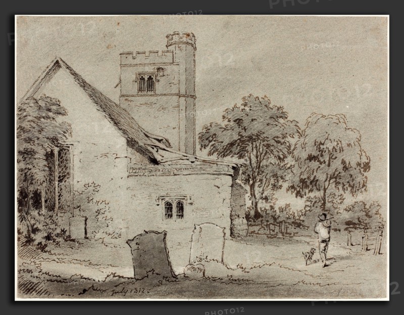 Henry Monro (British, 1791 - 1814), Aldenham Church, Hertfordshire, 1812, pen and brown ink with black chalk and white heightening on blue wove paper