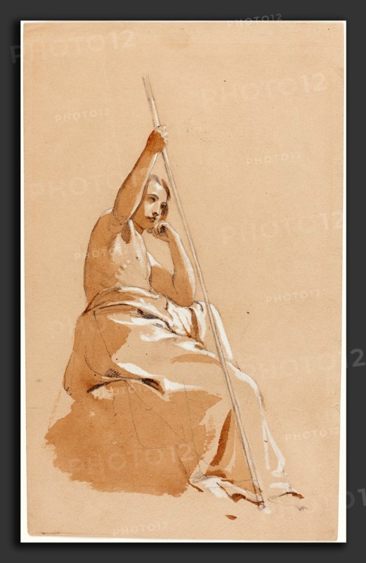 William Etty (British, 1787 - 1849), Seated Youth with a Staff, c. 1815, graphite with brown wash heightened with white on brown wove paper