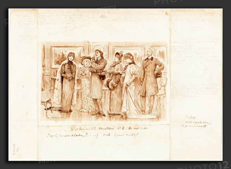 George Du Maurier (British, 1834 - 1896), Distinguished Amateurs no. II: The Art Critic, 1880, pen and brown ink over graphite with scratching-out on wove paper