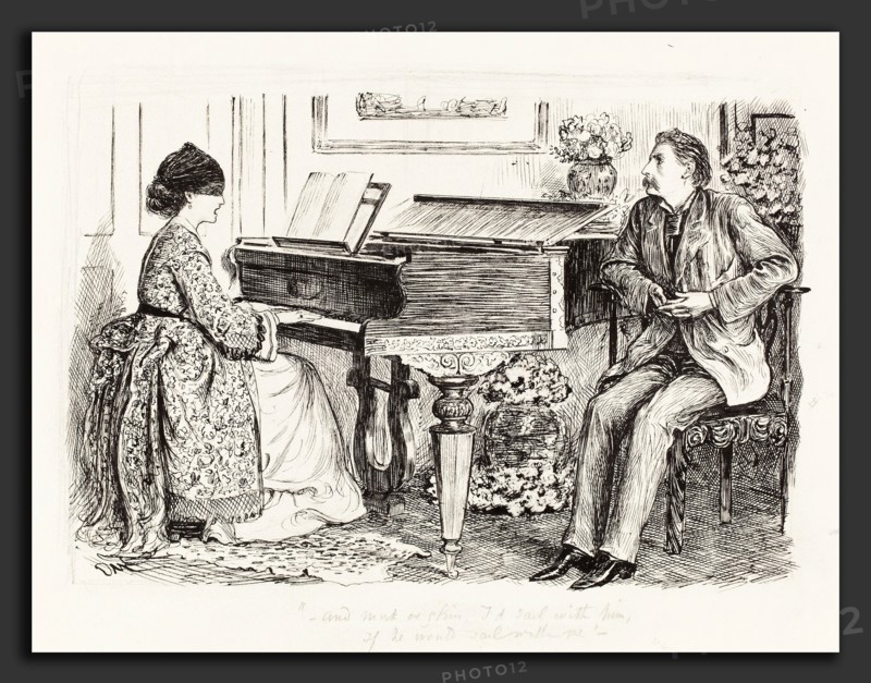 George Du Maurier (British, 1834 - 1896), "--And mist or glim, I'd sail with him, if he would sail with me", c. 1865, pen and black ink over graphite with scratching out on wove paper