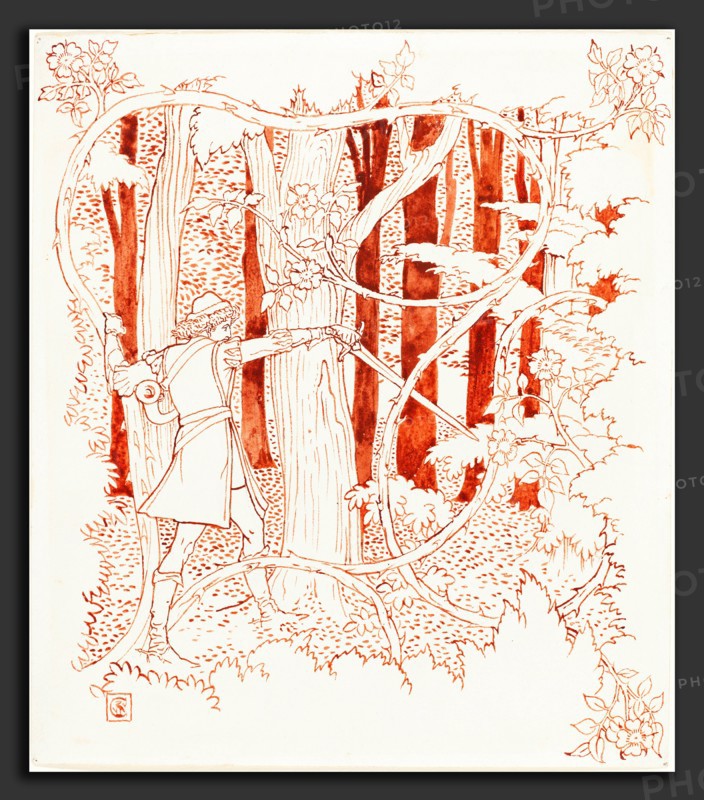 Walter Crane, Prince Charming in the Forest, British, 1845 - 1915, pen and brush and red ink'