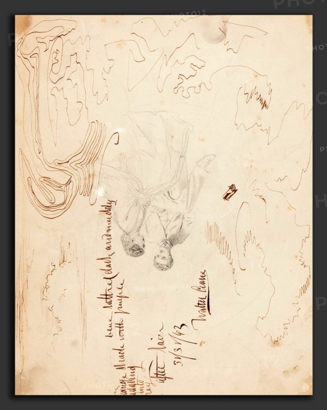 Walter Crane (British, 1845 - 1915), Sketch of a Couple Seated with Cloud Studies, 1863, graphite and pen and brown ink on illustration board