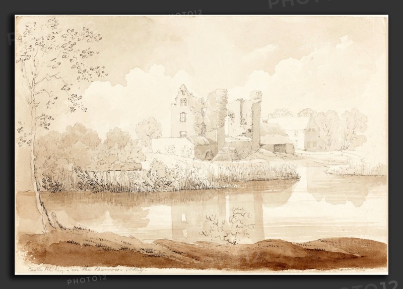 Attributed to James Bulwer (British, 1794 - 1879), Castle Rheban on the River Barrow, Athy, graphite and black chalk with brown wash on paperboard