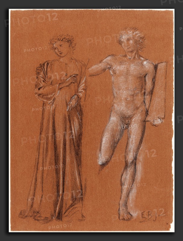 Sir Edward Coley Burne-Jones (British, 1833 - 1898), Orpheus and Eurydice, black and white chalk with traces of graphite on brown paper