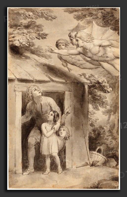 Thomas Stothard (British, 1755 - 1834), Peter and His Children Visited by Three Flying Figures, c. 1783, pen and gray ink with gray wash over graphite on wove paper
