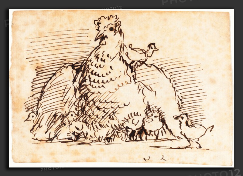 John Linnell (British, 1792 - 1882), Hens and Chicks, pen and brown ink on laid paper