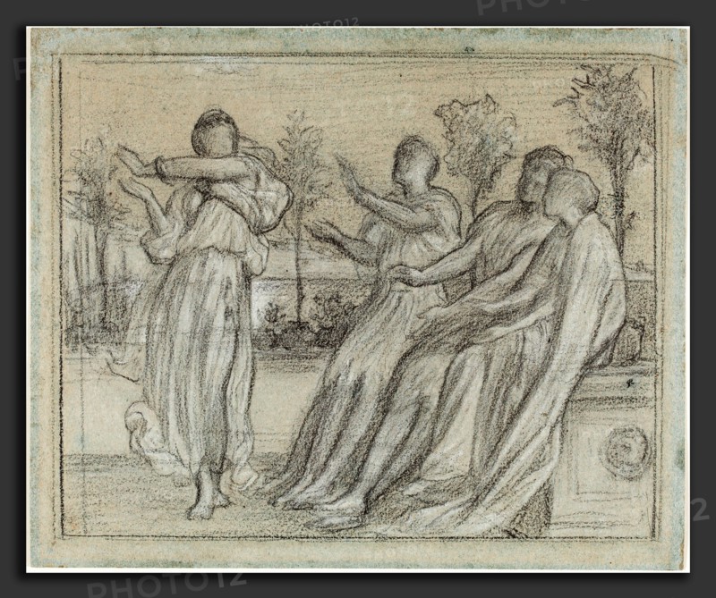 Frederic, Lord Leighton (British, 1830 - 1896), Study for "Greek Girl Dancing", c. 1867, black chalk heightened with white on blue wove paper