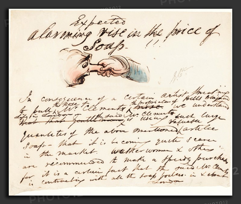 George Cruikshank (British, 1792 - 1878), "Expected--alarming rise in the price of soap!", pen and brown ink with pink, blue, brown, and green wash