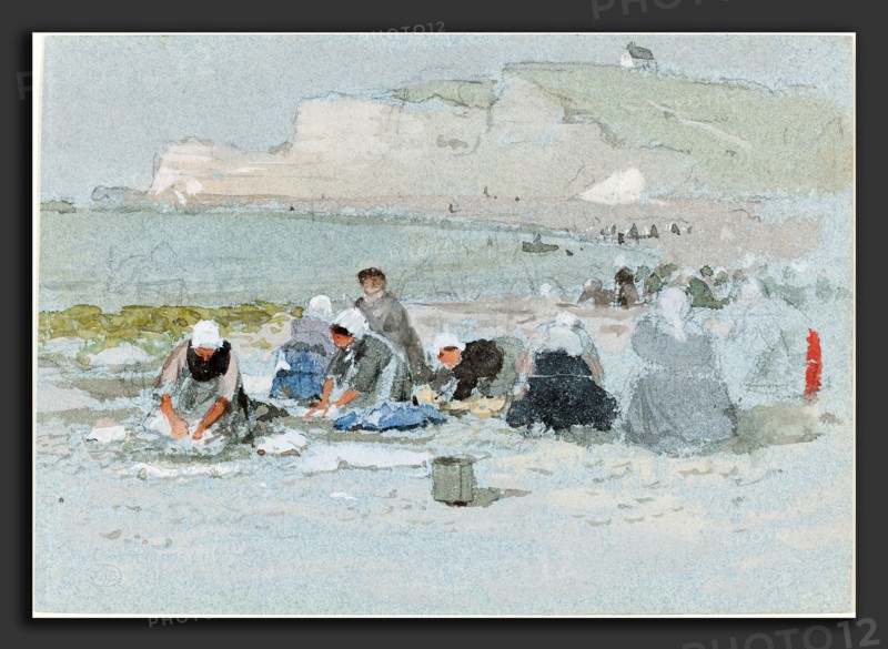 George Henry Boughton, Washerwomen on the Beach at Etretat, British, 1833 - 1905, watercolor over graphite on blue paper