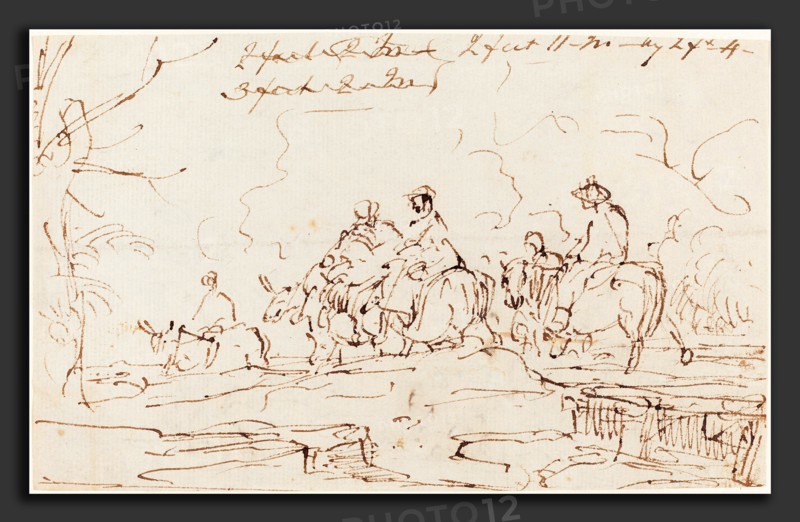 Thomas Barker (British, 1769 - 1847), Figures in a Landscape [recto], pen and brown ink on laid paper