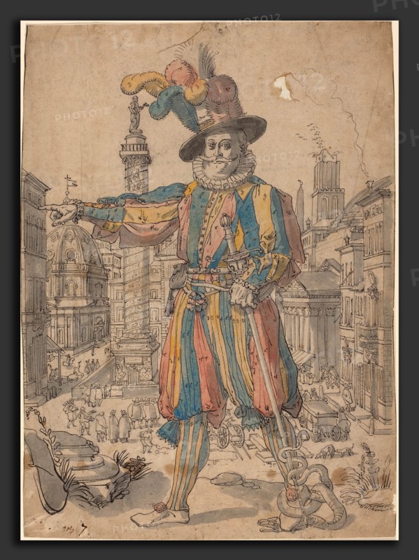 Swiss 17th Century after Francesco Villamena, Giovanni Grosso of the Swiss Guards Standing before a View of Rome, watercolor over black ink on laid paper