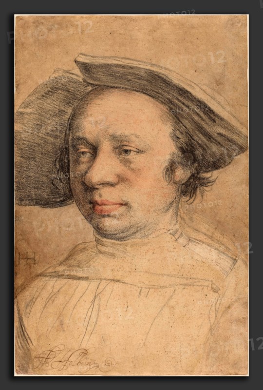 Swiss 16th Century after Hans Holbein the Younger, Portrait of a Man in a Broad-Brimmed Hat, c. 1526, black chalk and wetted red chalk with brown wash on laid paper