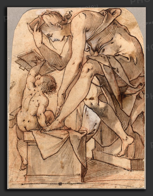 Joseph Heintz the Elder (Swiss, 1564 - 1609), The Toilet of Venus, c. 1590, pen and ink over red and black chalk with wash and heightening on laid paper