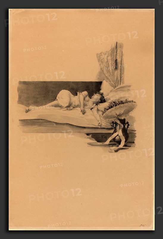 Karel Vitezslav Masek, Illustration for "Jestrab Kontra Hrdlicka, XXII" (Girl asleep on a bed), Czech, 1865 - 1927, c. 1890, pen and black ink with watercolor on board