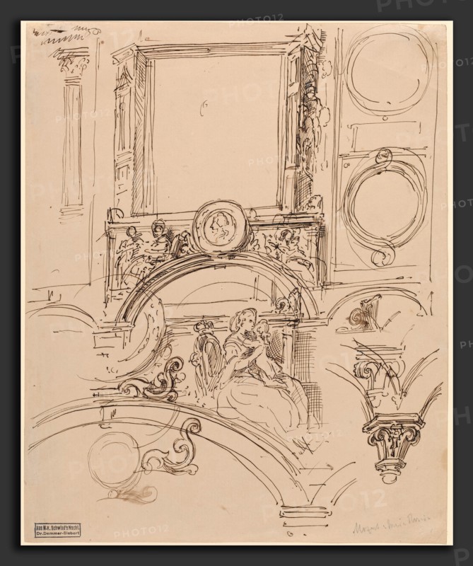 Moritz von Schwind (Austrian, 1804 - 1871), Architectural Details for a Wall Decoration with Empress Maria Theresia Embracing the Young Wolfgang Amadeus Mozart, c. 1864, pen and brown ink on ivory paper