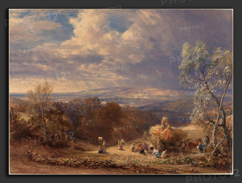 Samuel Palmer (British, 1805 - 1881), Harvesting, c. 1851, watercolor and gouache over graphite with scratching-out and touches of gum arabic on paperboard