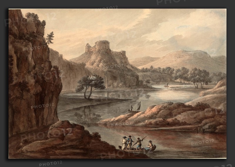 Robert Adam (British, 1728 - 1792), River Landscape with a Castle, 1780s, pen and black ink and watercolor over graphite on laid paper