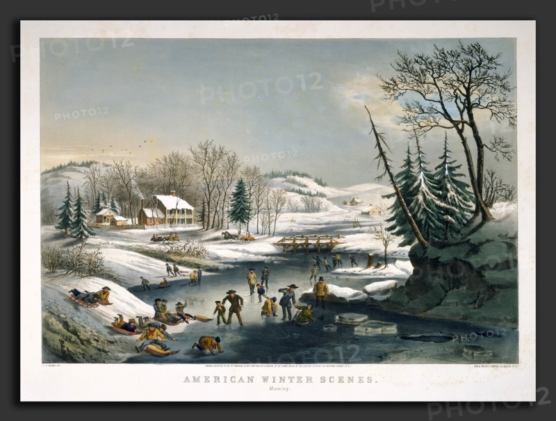 Frances Flora Bond Palmer and Nathaniel Currier (publisher), American Winter Scenes: Morning, American, born England, c. 1812 - 1876, published 1854, hand-colored lithograph on wove paper