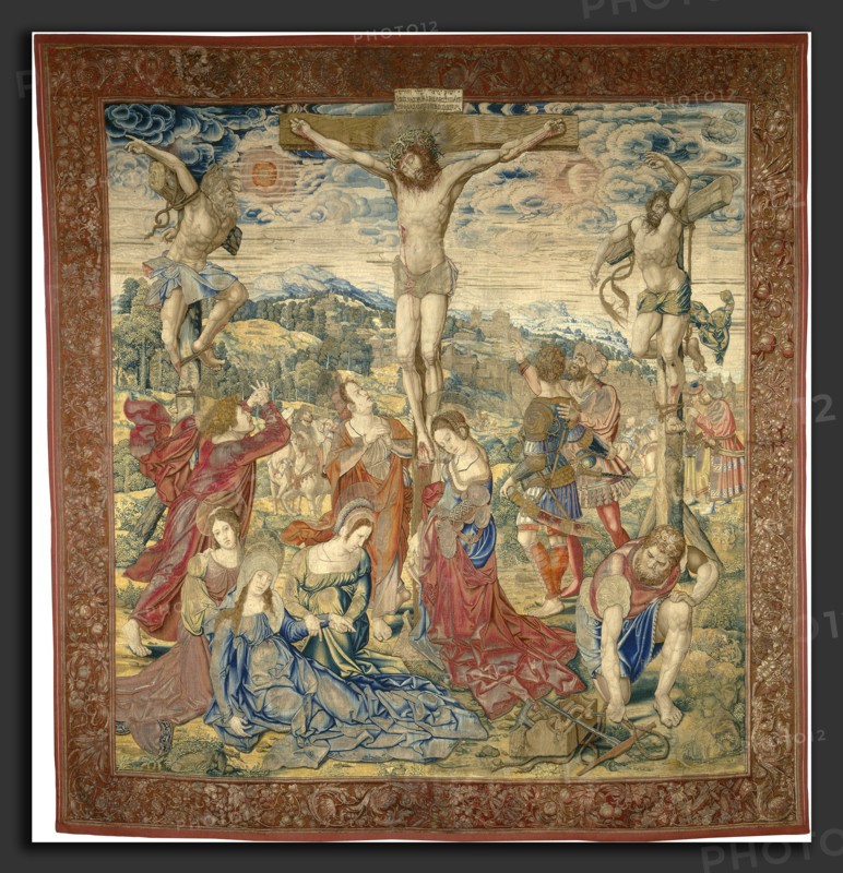 Pieter Pannemaker I after Bernard van Orley, The Crucifixion, Flemish, active c. 1517-1535, c. 1520, tapestry: undyed wool warp; spun silver, silver-gilt, and dyed silk and wool weft