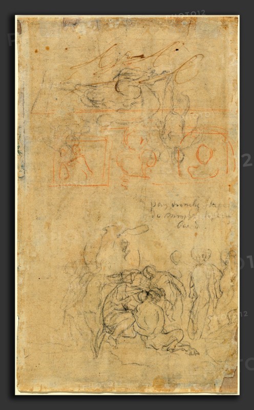 Jacob Jordaens, Sheet of Studies with the Drunken Pan and Nymphs, Flemish, 1593 - 1678, black and red chalk on laid paper