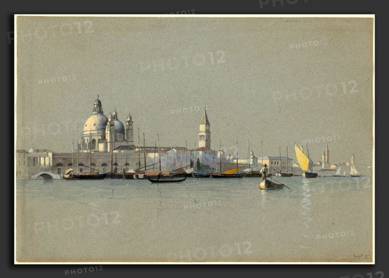 William Stanley Haseltine, View across the Giudecca Canal toward the Salute and the Campanile of San Marco, American, 1835 - 1900, c. 1875, watercolor over graphite on blue paper